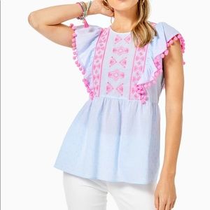 Lilly Pulitzer Raquelle Top- Bluebell Blue Swiss Dot Dobby Chambray- MEDIUM, NWT
